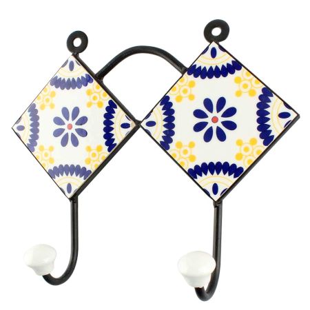 Navy Blue Wheel Flower Ceramic Tile Hook